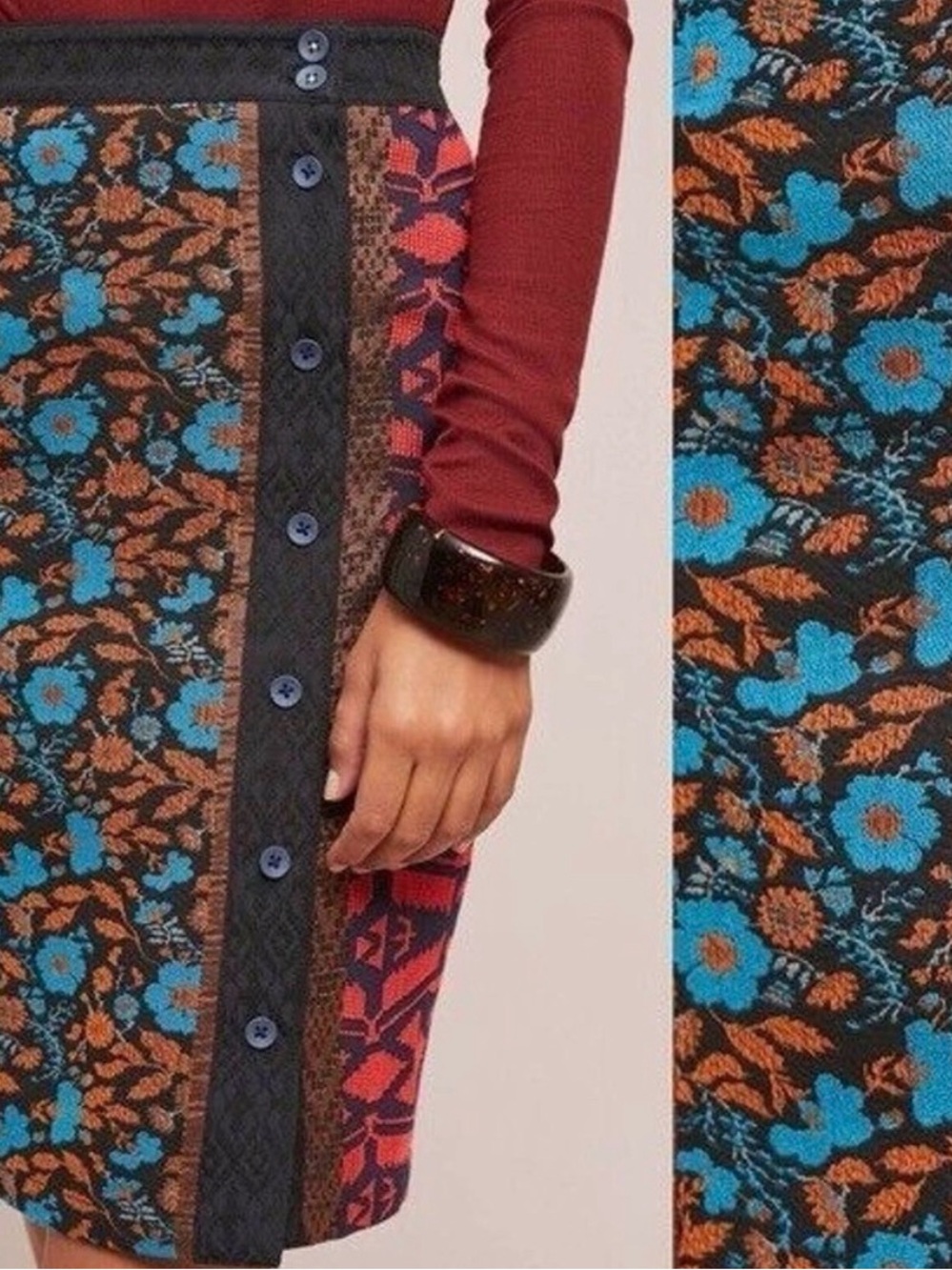 Anthropologie Floral Patchwork Pencil Skirt in Blue, Brown, Red
